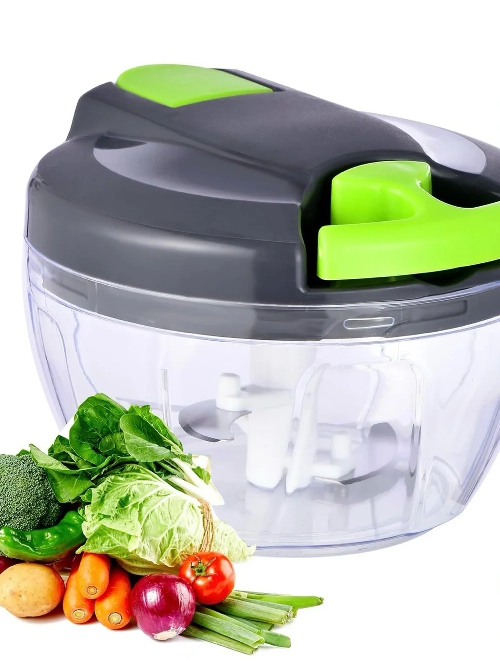Manual Food Chopper with Green and Gray Lid - Compact Vegetable Cutter
